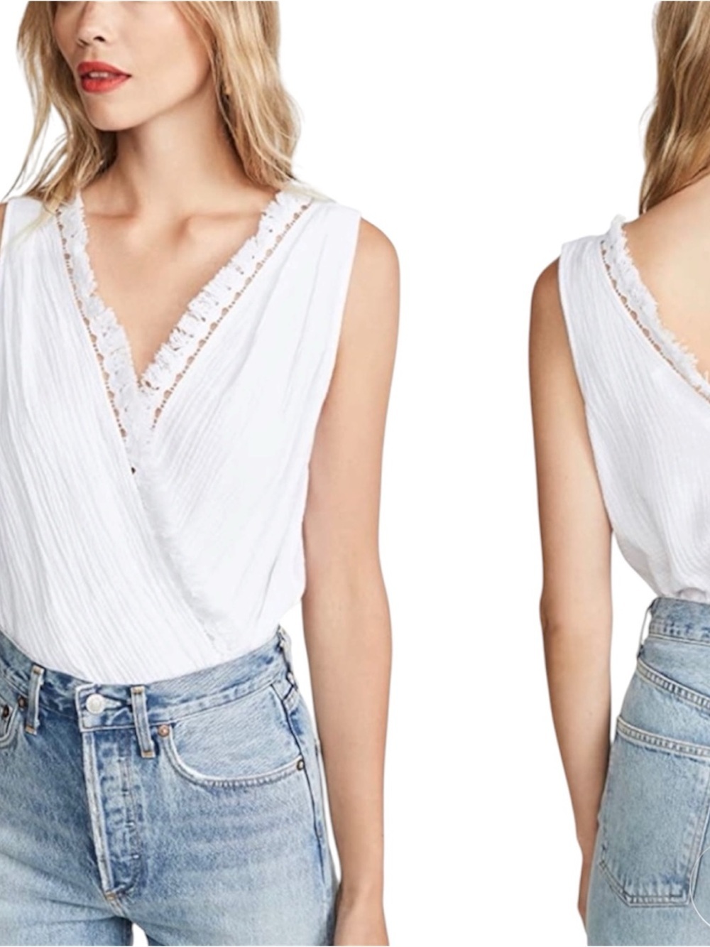 Amanda Uprichard White Gauze Bodysuit Cotton V Neck Frayed Trim Sleeveless Size
